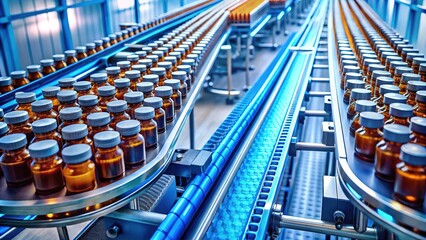 "Pharmaceutical Factory: Conveyor Belt of Medicine Vials in Mass Production"