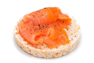 Tasty Rice Cake Sandwich with Fresh Salmon Slices Isolated on White. Easy Breakfast and Diet Food. Crispbread with Red Fish. Healthy Dietary Snack - Isolation