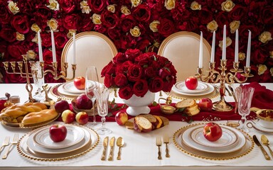 Romantic table setting with red roses, candles, and apples.