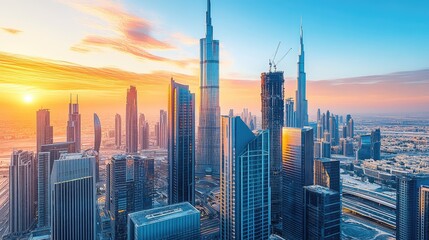 Naklejka premium Vibrant Sunset Over Modern City Skyline