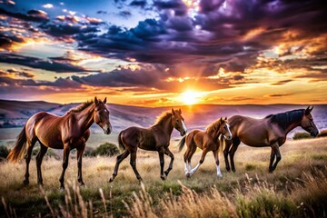 Majestic Mares and Foals Silhouettes Against a Stunning Sunset Landscape