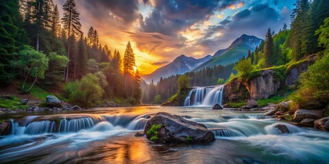 Majestic Silhouette of Mountain River and Waterfall in Enchanted Forest at Dusk