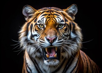 Majestic Tiger Roaring on Black Background - Perfect for Bold Text Overlay and Minimalist Aesthetic