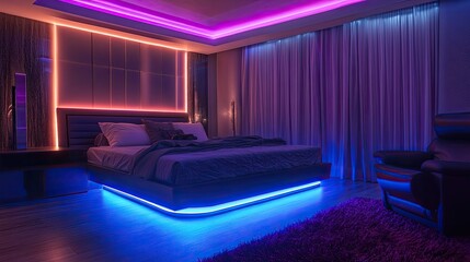 Modern bedroom with blue LED lights. This image is great for interior design blogs, home decor websites, or articles about modern bedroom design.