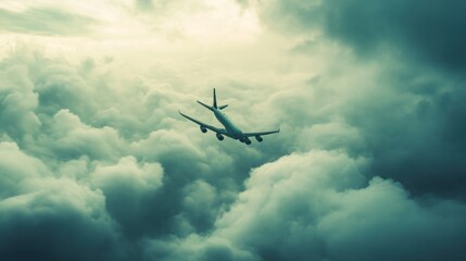 An airplane flying through dramatic clouds in a moody sky.
