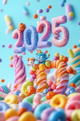 Bunte Süßigkeitenwelt mit 2025-Schriftzug