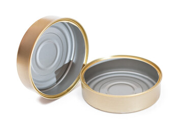 Two Opened Empty Tin Cans Isolated on White Background. Clean Used Aluminum Cans - Isolation. Non-Degradable Inorganic Waste