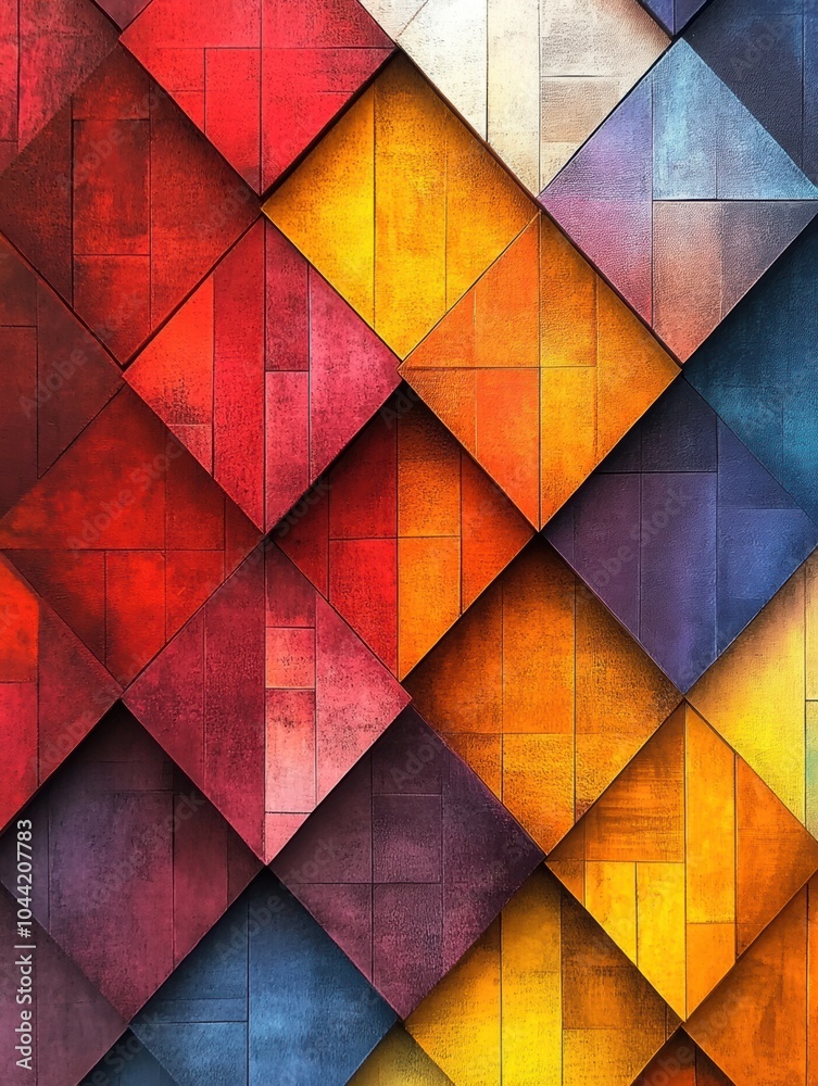 Poster An arrangement of squares and rhombuses layered together showcases a striking gradient of warm colors creating depth and visual interest. Generative AI