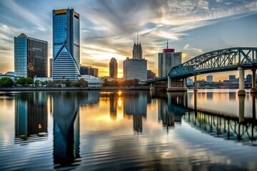 Fototapeta premium Minimalist Downtown Jacksonville Photography Featuring Hart Bridge at Sunset