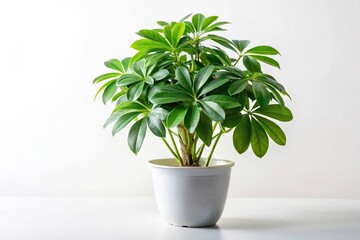 Fototapeta premium Schefflera plant in white pot against white background at tilted angle