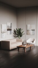 Fototapeta premium Modern Living Room with Beige Sofa, Wooden Coffee Table, and Neutral Color Palette