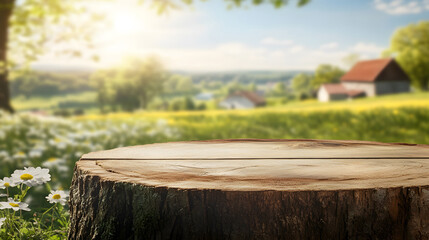 Fototapeta premium Outdoor field wooden desktop display stand