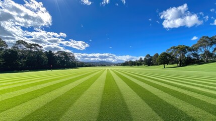 Fototapeta premium Striped grassy field with blue sky. Perfect for showcasing a serene and natural environment.