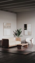 Fototapeta premium Minimalist Living Room with Contemporary Sofa, Wooden Coffee Table, and Abstract Art