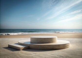 Obraz premium Minimalist Podium on Beach with Natural Materials and Reflective Concrete for Text Space