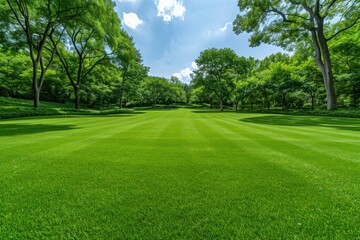 Obraz premium Serene Summer Park: Lush Green Trees and Grass in a Picturesque Setting