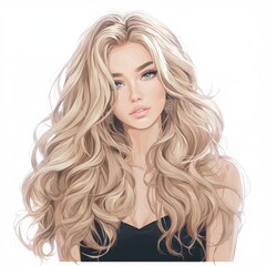 Naklejka premium A stunning young woman with long, wavy blonde hair and captivating blue eyes, wearing elegant earrings and a black top.