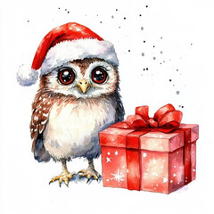 Fototapeta premium A cute owl in a Santa hat, perched beside a gift box, watercolor handpainted illustration on a white background. Ideal for festive holiday cards and decor.