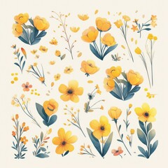 A vibrant collection of yellow flowers and blooms in various shapes and sizes, showcasing floral diversity.