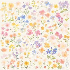 A vibrant array of watercolor flowers in pastel hues, creating a cheerful, whimsical pattern perfect for any design project.