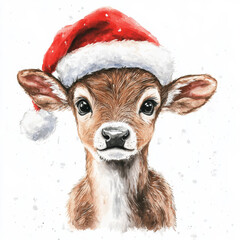 Cute reindeer calf wearing a red Santa hat with a jingle bell, painted in watercolor on an isolated white background. A charming holiday illustration.