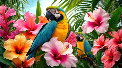Obraz premium Tropical Toile Wallpaper with Exotic Birds and Leopard Seamless Border
