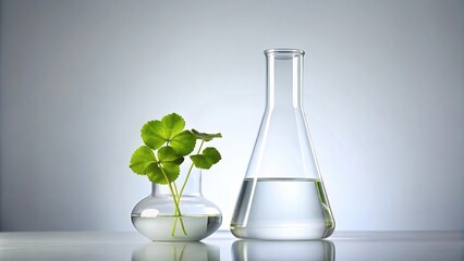 Scientific glassware with Centella asiatica in water on podium