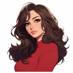Naklejka premium A young woman with long, wavy brown hair and freckles, wearing a bright red sweater, exuding a warm and inviting expression.