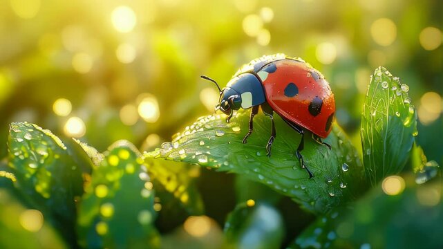 Close-up of a ladybug on a grass blade, with warm sunlight in the background