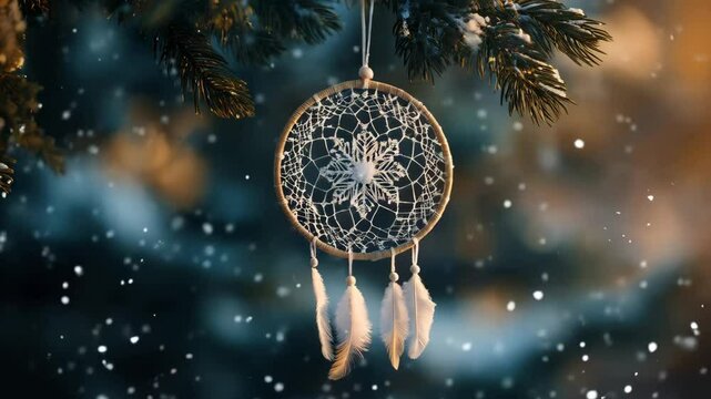 Handmade wiccan amulet hanging on fir tree in winter snowy forest. Magic dream catcher made of wood and feathers. Imbolc sabbath, Yule, Yalda, Pagan holiday ritual concept
