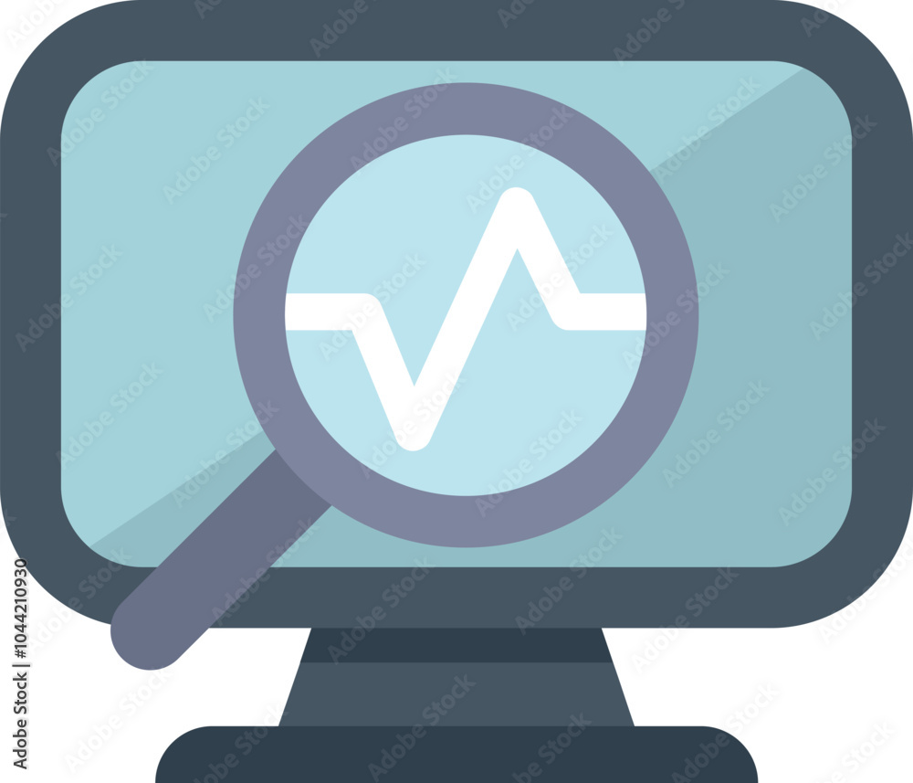 Poster magnifying glass is analyzing a line graph on a computer screen, representing market research and da