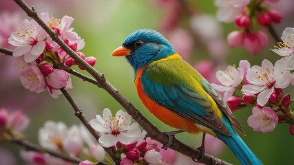 Fototapeta premium Vibrant Spring Greeting Card with Bird and Blossoming Flowers