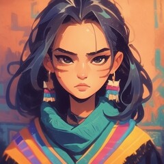 Naklejka premium A young woman of Indigenous descent with striking features, wearing colorful attire and earrings, exuding confidence.