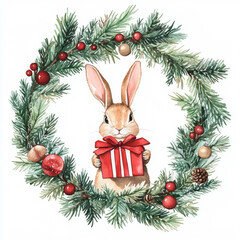 Festive holiday wreath featuring a cute bunny holding a present, surrounded by pine branches and Christmas ornaments. Watercolor illustration for a Christmas design.