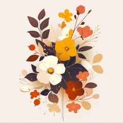 A vibrant floral bouquet featuring white, orange, and yellow flowers against a soft beige background.