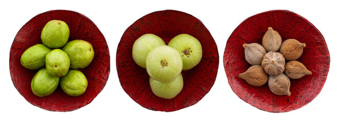 Beleric Myrobalan,Chebulic Myrobalans และ Indian Gooseberry fruits on transparent background.