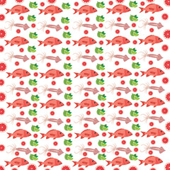squid, fish with fruit as a pattern background