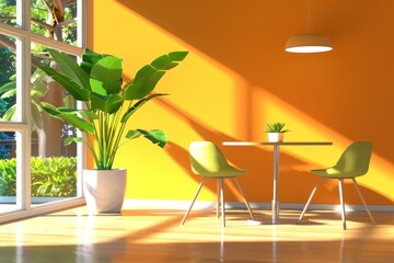 Fototapeta premium Indoor Cafeteria Ambiance with Empty Chairs, Green Plants, and Table by Window