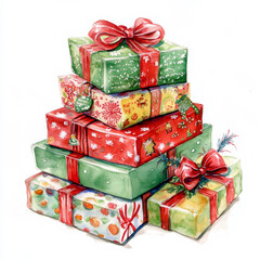 Obraz premium Watercolor illustration of a stack of Christmas gifts in vibrant wrapping paper, featuring bows, festive patterns, and tags, all on a clean white background. This isolated image is great for holiday