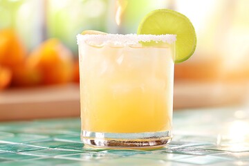 Fototapeta premium A Classic Margarita With a Salted Rim, Served in a Vibrant Mexican Cantina With Colorful Tiles and Festive Decorations, Beverage Photography, Drinks Menu Style Photo Image