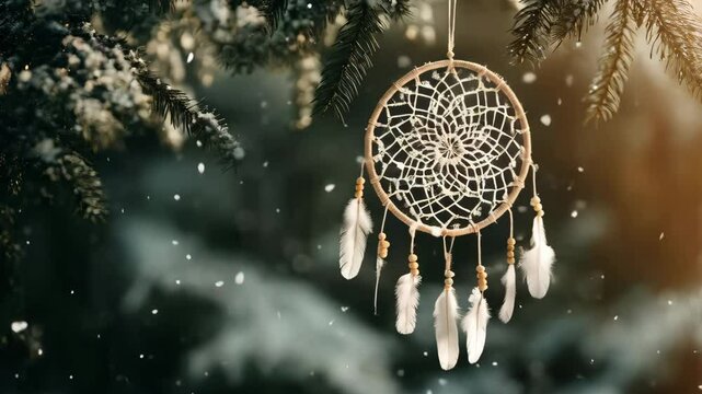 Handmade wiccan amulet hanging on fir tree in winter snowy forest. Magic dream catcher made of wood and feathers. Imbolc sabbath, Yule, Yalda, Pagan holiday ritual concept