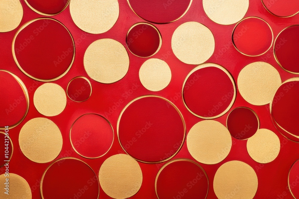 Poster bright red and gold circles create an abstract design, evoking the spirit of christmas and festive c