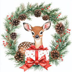 Christmas wreath with a sweet fawn and a gift box, surrounded by pinecones and festive red bows, handpainted in watercolor.
