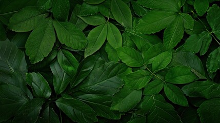 Nighttime Texture: Moody Dark Green Plants with Flowerbuds and Leaves on a Background of Deep Greens