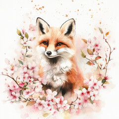 Obraz premium A cute fox surrounded by delicate pink apple blossoms and sakura spring flowers. Watercolor illustration of a woodland animal amidst soft petals, creating a charming and playful scene for cards or