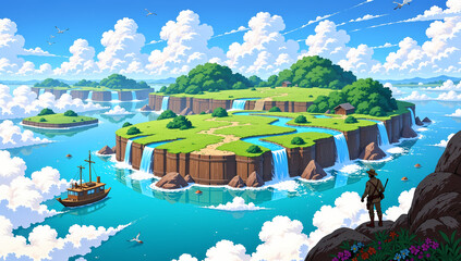 landscape with a pond and a house