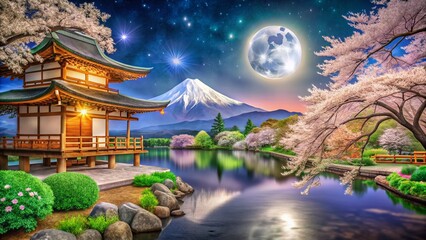 Moonlit Serenity: Traditional Japanese Landscape with Cherry Blossoms and Tranquil Waters