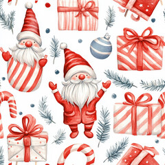 A seamless New Year pattern featuring watercolor Christmas gnomes, red and white striped lollipops, and beautifully wrapped presents. The playful, holidaythemed elements are perfect for creating