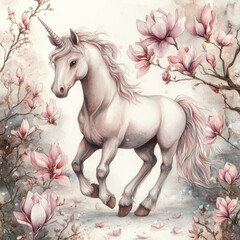 Naklejka premium Magical watercolor unicorn surrounded by blooming magnolia flowers, the soft petals enhancing the mythical beauty of the scene, all on an isolated white background. Ideal for whimsical illustrations.