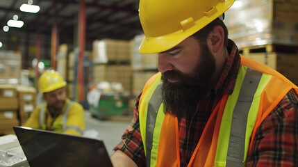 a man wearing a yellow hard hat and an orange safety vest, using a laptop in a busy warehouse. He has a beard and is focused on the screen